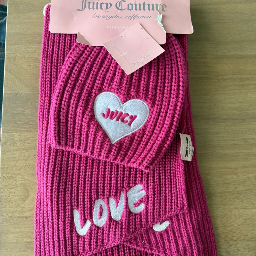 NWT Juicy Couture pink knitted beanie and scarf set